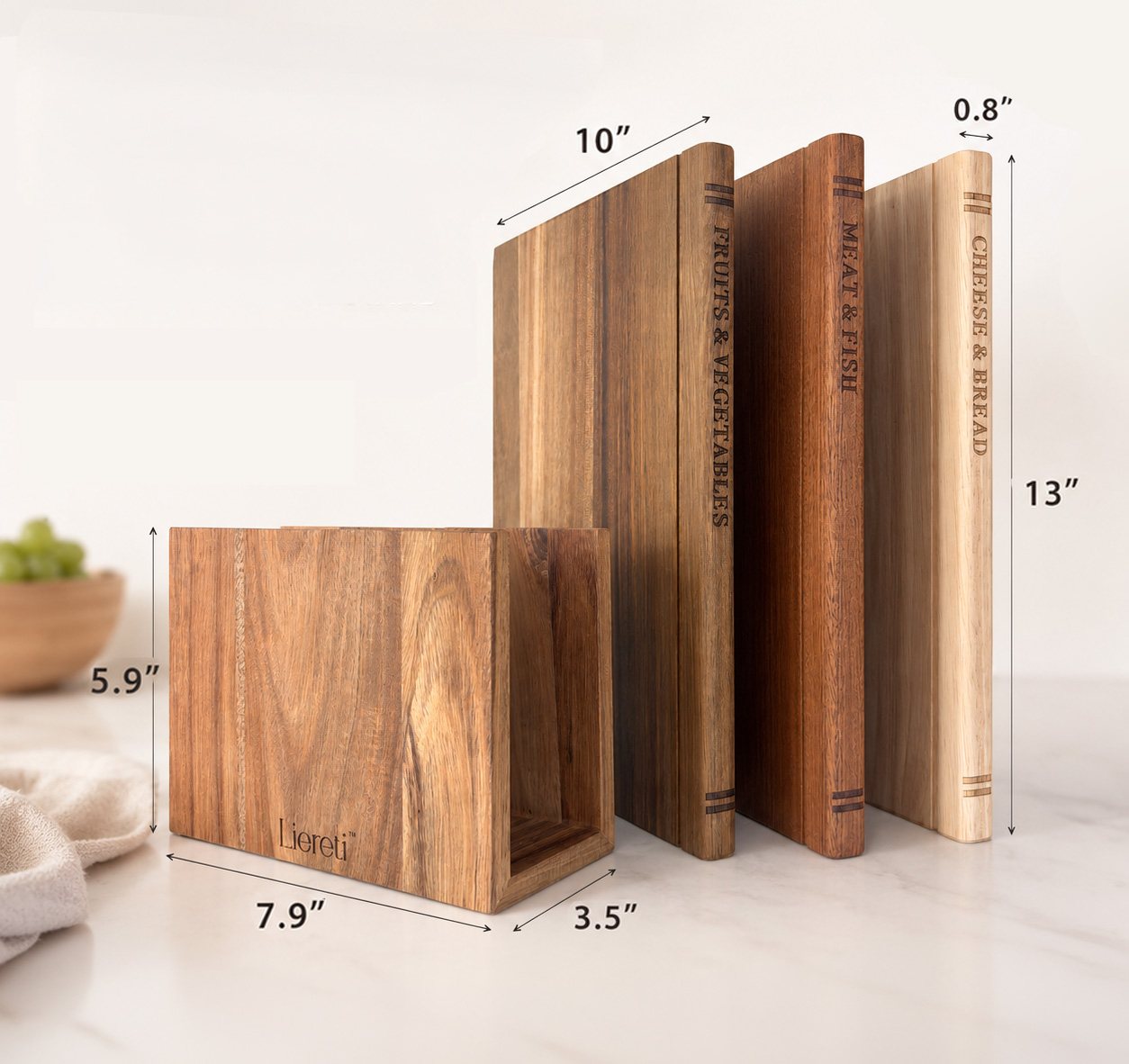 Liereti board and stand dimension illustration showing boards 13 inches tall and 10 inches wide, 0.8 inches thick; stand 7.9 inches wide, 5.9 inches high and 3.5 inches deep