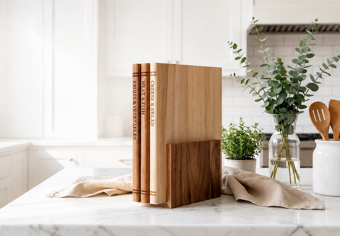 Three book-inspired Liereti wooden cutting boards upright in an acacia wood stand in a bright kitchen