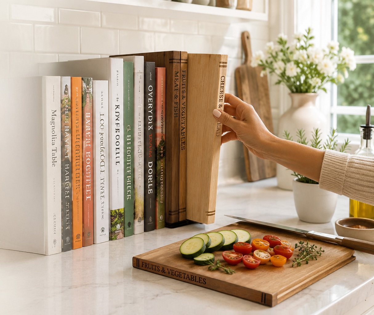 Liereti wooden cutting board taken from a book-style stand beside cookbooks