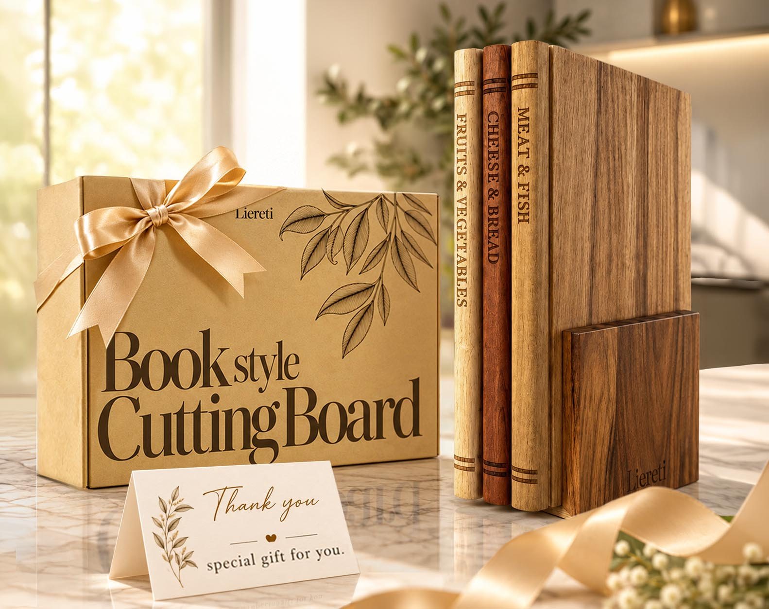 Liereti cutting board set displayed beside its boutique-style gift box