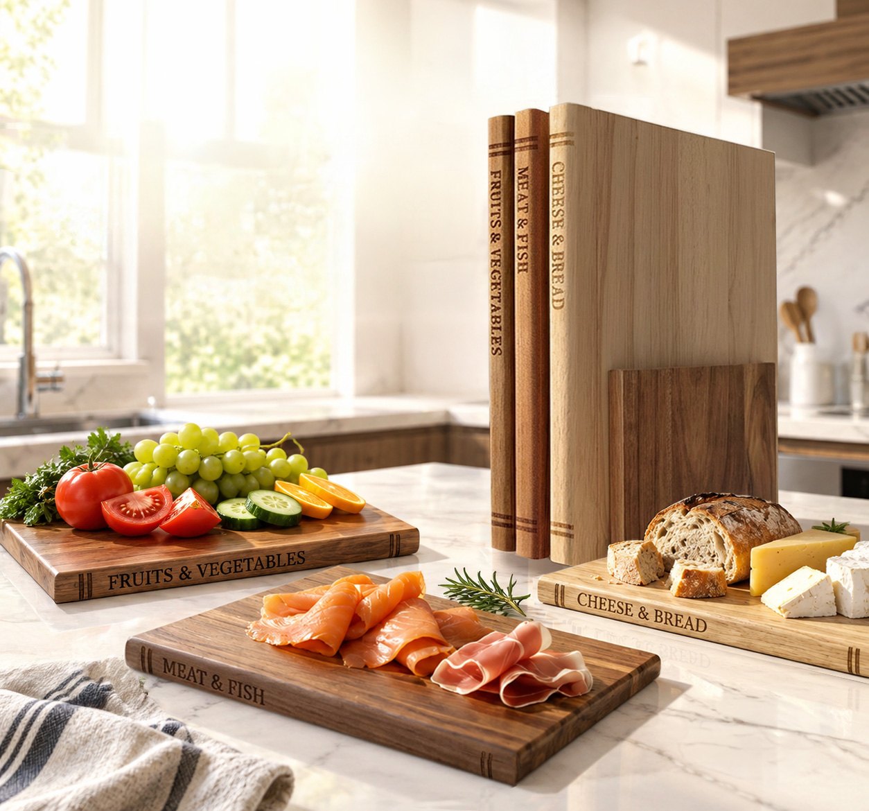 Three Liereti labeled cutting boards displayed upright with their stand and three boards used for serving in a bright kitchen