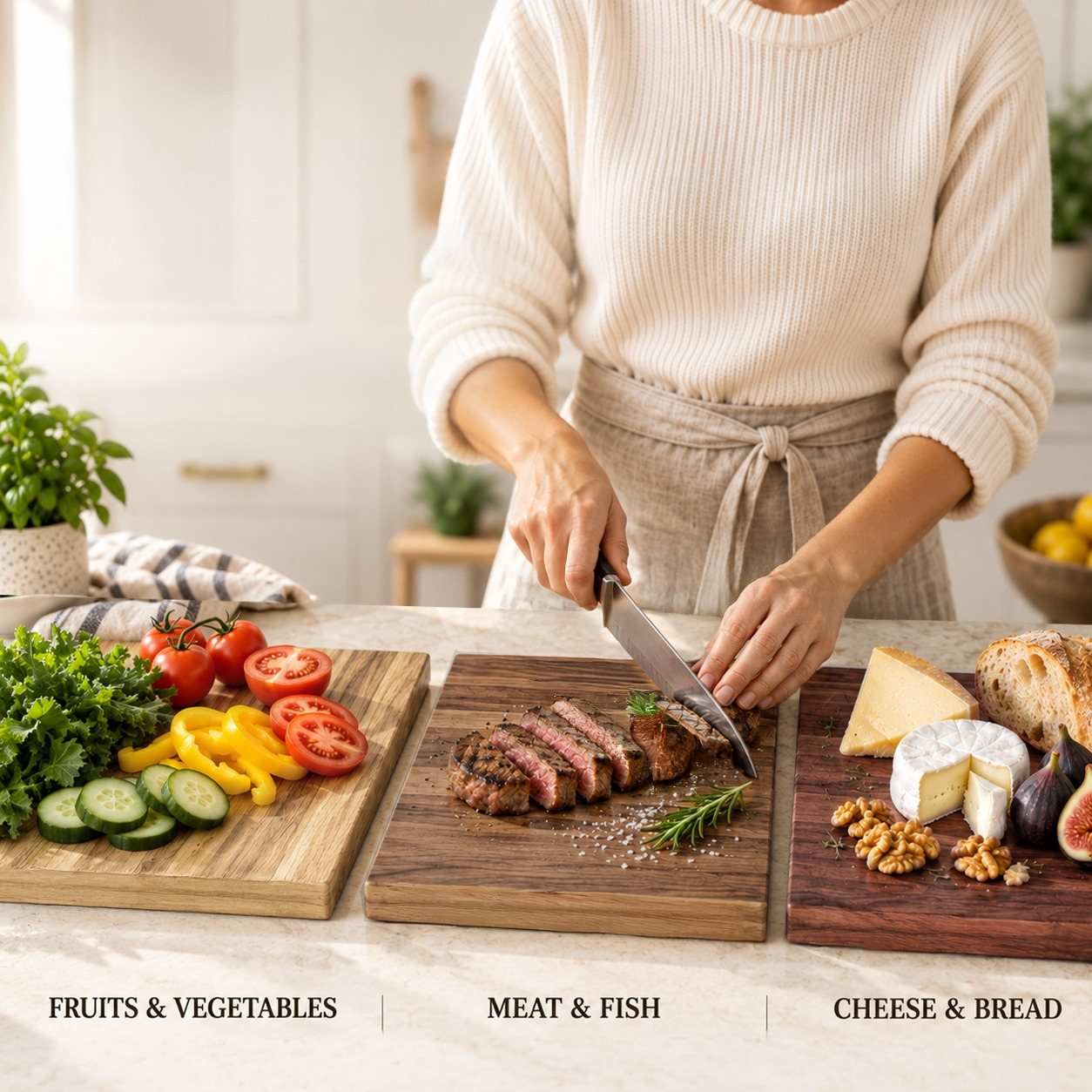 Three separately labeled cutting boards used for different food categories