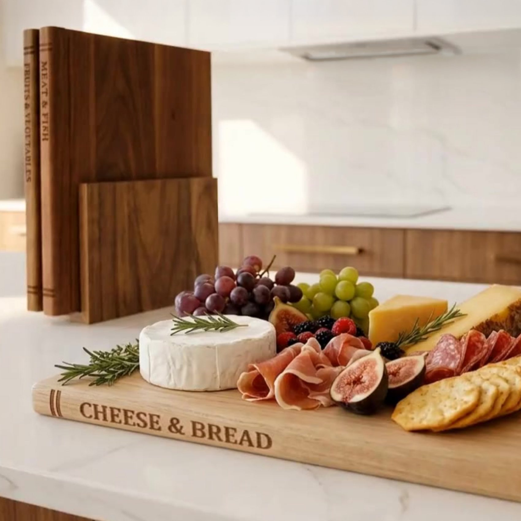 Charcuterie served on the Liereti Cheese and Bread board