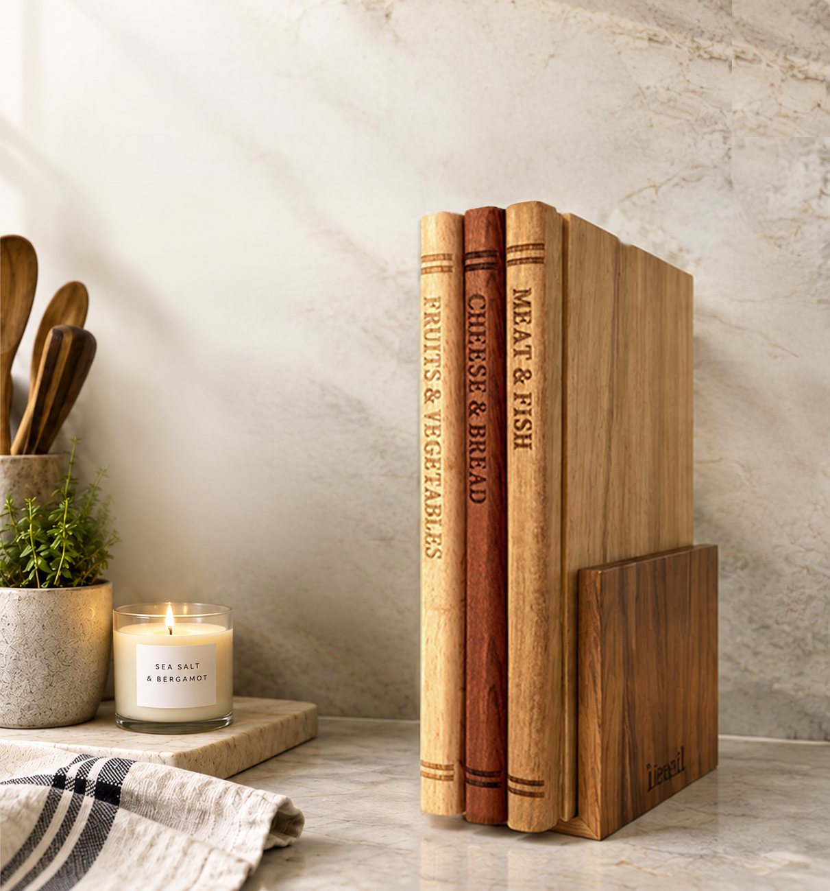 Book-style cutting boards displayed in a kitchen