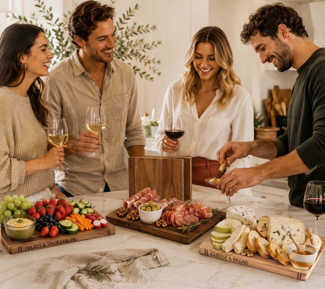 Friends sharing food around three Liereti boards