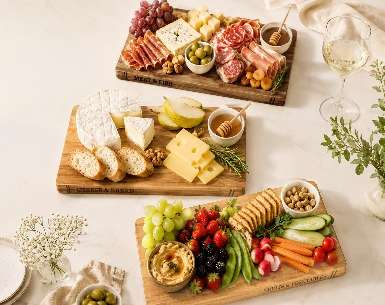 Three labeled cutting boards used for serving and preparing food