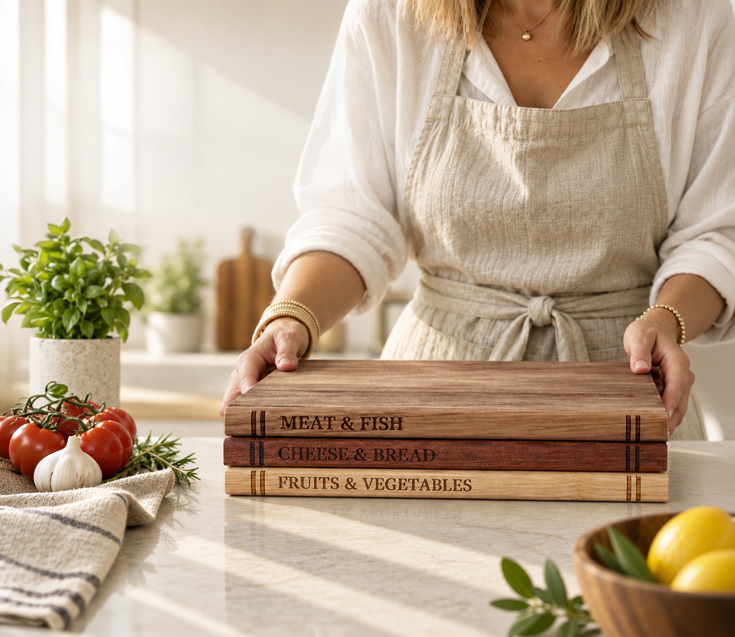 Three Liereti wooden cutting boards stacked with their food-category labels visible