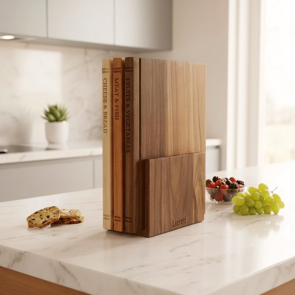 Liereti three-piece book-style wooden cutting board set in its display stand on a bright kitchen counter