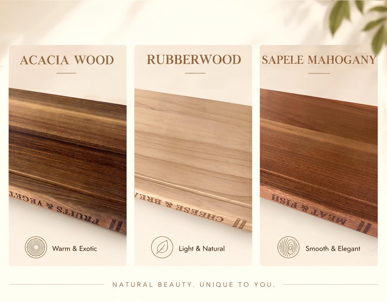 Comparison of acacia, rubberwood, and sapele wood grain on the three Liereti cutting boards